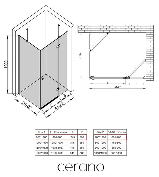CERANO - Sprchovací kút Marino Ľ/P - 6 mm - čierna matná, transparentné sklo - 90x70x190 cm - pántový