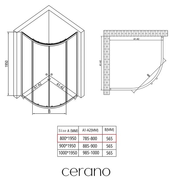CERANO - Sprchovací kút Orso L/P - 5 mm - štvrťkruh - R550 - chróm, transparentné sklo - 80x80x195 cm - posuvný