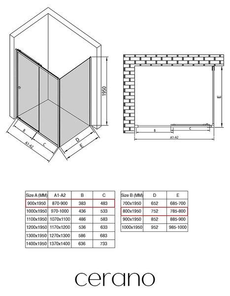 CERANO - Sprchovací kút Varone POINT Ľ/P - 6 mm - čierna matná, transparentné sklo - 90x80x195 cm - posuvný