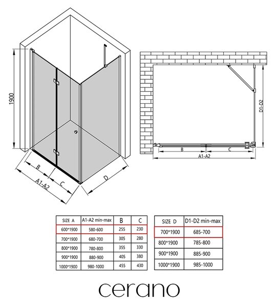 CERANO - Sprchovací kút Volpe L/P - 6 mm - chróm, transparentné sklo - 60x70x190 cm - zalamovacia