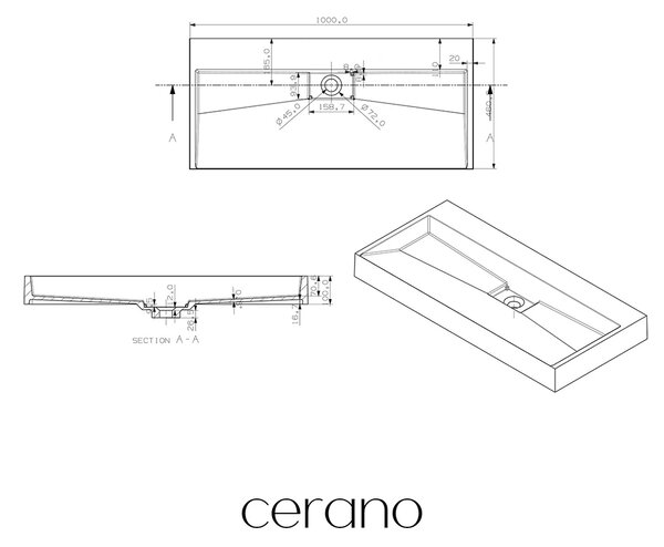 CERANO - Umývadlo z liateho mramoru Vita - nástenné aj na dosku - čierna matná - 100x46 cm
