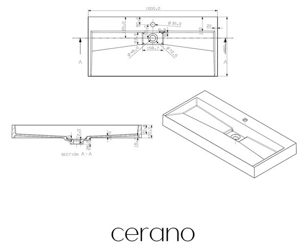 CERANO - Umývadlo z liateho mramoru Vita - nástenné aj na dosku - otvor pre batériu - biela lesklá - 100x46 cm