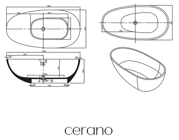 CERANO - Voľne stojaca vaňa z liateho mramoru Aura - biela matná - 180x90 cm