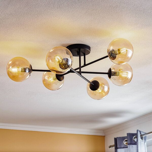 EMIBIG LIGHTING Stropné svietidlo Glassy, čierne, jantárové, sklo, 6-pl., E14, Čierna, Obývacia izba / jedáleň, kov, Moderný, Stropné svetlo