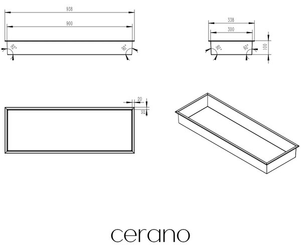 CERANO - Zápustná polička / nika s okrajom do obkladu - čierna matná - 90x30x10 cm