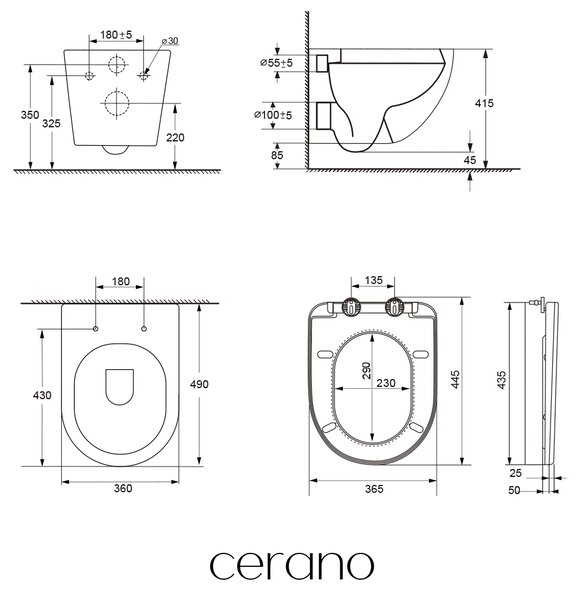 CERANO - WC závesné Cesso, Vortex + Slim/UF sedátko - čierna matná - 49x36 cm