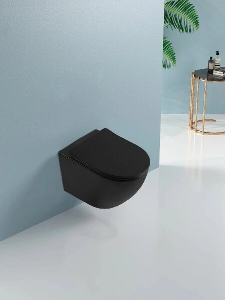 CERANO - WC závesné Verde, Rimless + Slim/UF sedátko - čierna matná - 49x36 cm