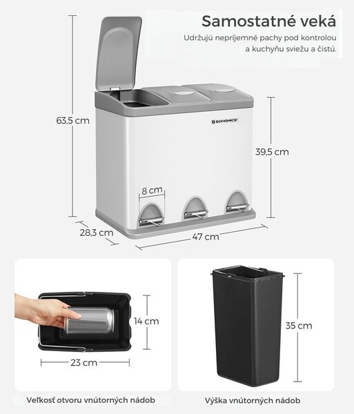 Kôš na separovanie odpadu SORT 24l (3x8l), šedá/biela SongmicsHome