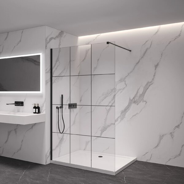CERANO - Sprchová zástena Walk-in Onyx Cube Ľ/P - 8 mm - hranatá vzpera - čierna matná, industriálne sklo - 90x200 cm