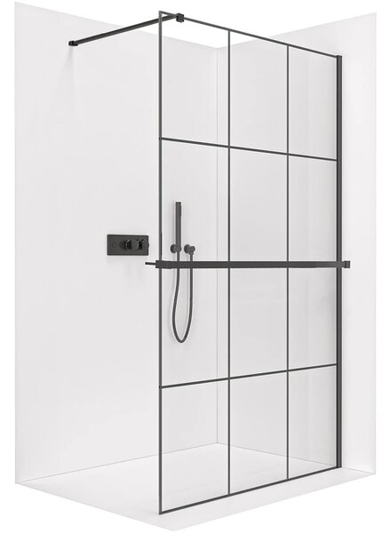 CERANO - Sprchová zástena Walk-in Onyx Cube Ľ/P - 8 mm + polička / držiak na uteráky - hranatá vzpera - čierna matná, industriálne sklo - 90x200 cm