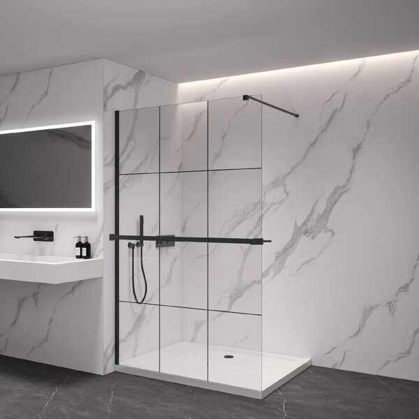 CERANO - Sprchová zástena Walk-in Onyx Cube Ľ/P - 8 mm + polička / držiak na uteráky - hranatá vzpera - čierna matná, industriálne sklo - 90x200 cm
