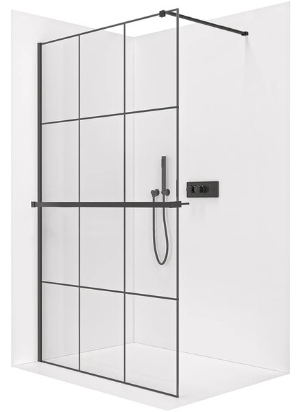 CERANO - Sprchová zástena Walk-in Onyx Cube Ľ/P - 8 mm + polička / držiak na uteráky - hranatá vzpera - čierna matná, industriálne sklo - 90x200 cm