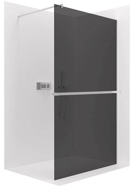 CERANO - Sprchová zástena Walk-in Onyx Round Ľ/P - 8 mm - okrúhla vzpera + polička/držiak na uteráky - chróm, grafitové sklo - 30x200 cm