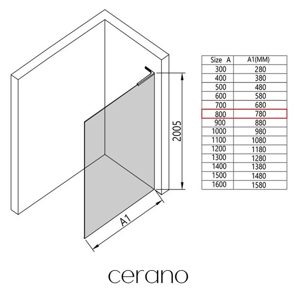CERANO - Sprchová zástena Walk-in Onyx L-ľavá vzpera - 8 mm - čierna matná, transparentné sklo - 80x200 cm