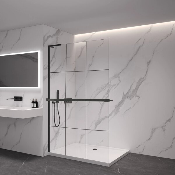 CERANO - Sprchová zástena Walk-in Onyx L-ľavá vzpera - 8 mm + polička / držiak na uteráky - čierna matná, industriálne sklo - 90x200 cm