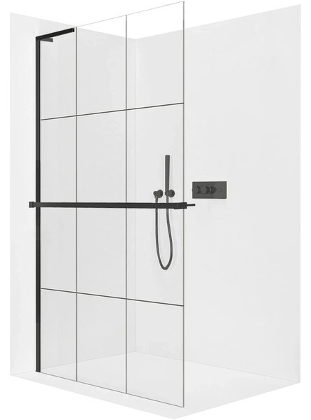 CERANO - Sprchová zástena Walk-in Onyx L-ľavá vzpera - 8 mm + polička / držiak na uteráky - čierna matná, industriálne sklo - 90x200 cm