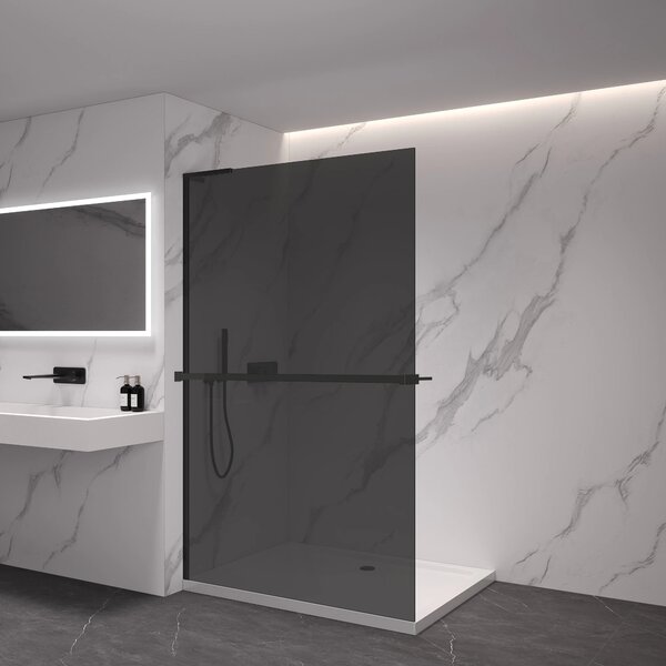 CERANO - Sprchová zástena Walk-in Onyx L-ľavá vzpera + polička/držiak na uteráky - 8 mm - čierna matná, grafitové sklo - 40x200 cm