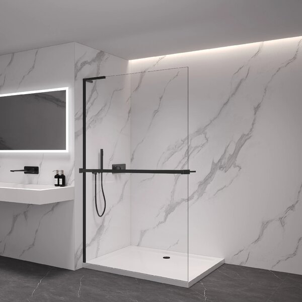 CERANO - Sprchová zástena Walk-in Onyx L-ľavá vzpera + polička/držiak na uteráky - 8 mm - čierna matná, transparentné sklo - 40x200 cm