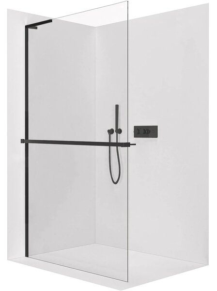 CERANO - Sprchová zástena Walk-in Onyx L-ľavá vzpera + polička/držiak na uteráky - 8 mm - čierna matná, transparentné sklo - 40x200 cm