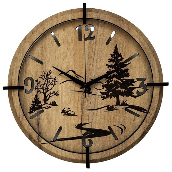 Moderné nástenné hodiny s motívom lesa a hôr | SENTOP HDF0600-GOLD-OAK
