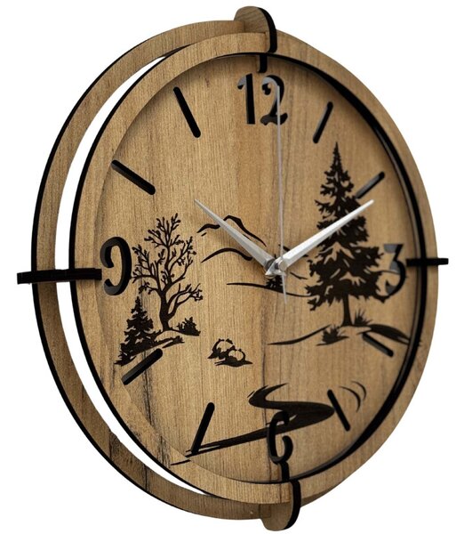 Moderné nástenné hodiny s motívom lesa a hôr | SENTOP HDF0600-GOLD-OAK