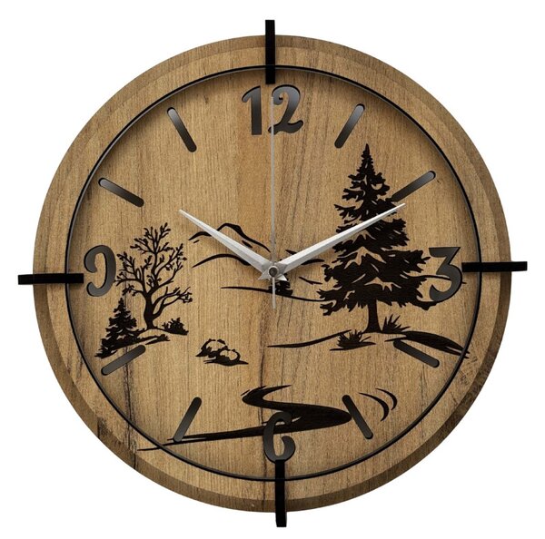 Moderné nástenné hodiny s motívom lesa a hôr | SENTOP HDF0600-GOLD-OAK