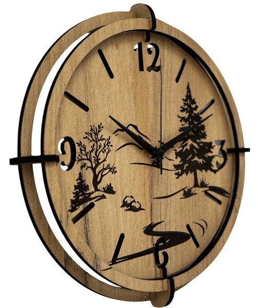 Moderné nástenné hodiny s motívom lesa a hôr | SENTOP HDF0600-GOLD-OAK
