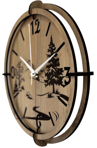 Moderné nástenné hodiny s motívom lesa a hôr | SENTOP HDF0600-GOLD-OAK