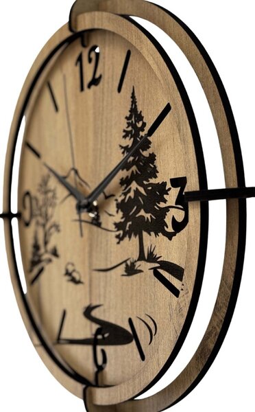 Moderné nástenné hodiny s motívom lesa a hôr | SENTOP HDF0600-GOLD-OAK