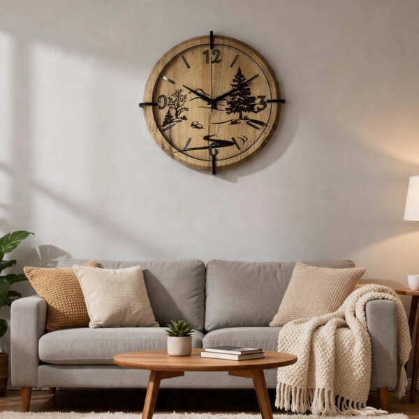 Moderné nástenné hodiny s motívom lesa a hôr | SENTOP HDF0600-GOLD-OAK