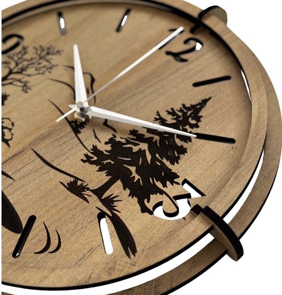 Moderné nástenné hodiny s motívom lesa a hôr | SENTOP HDF0600-GOLD-OAK