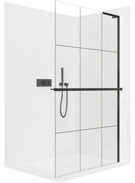 CERANO - Sprchová zástena Walk-in Onyx L-pravá vzpera - 8 mm + polička / držiak na uteráky - čierna matná, industriálne sklo - 90x200 cm