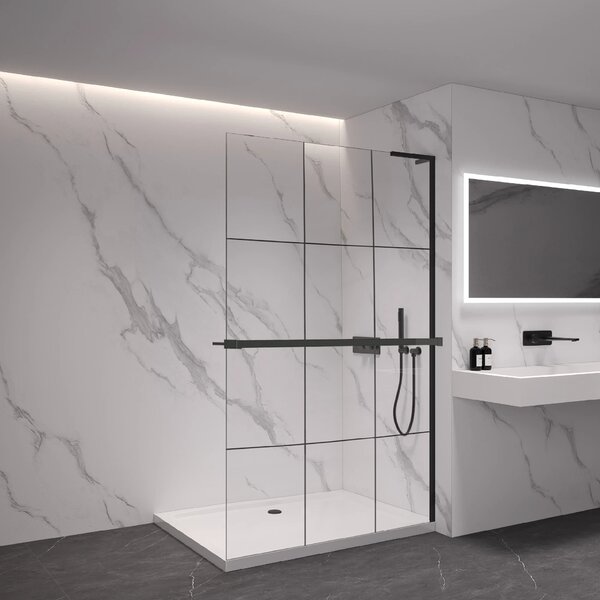 CERANO - Sprchová zástena Walk-in Onyx L-pravá vzpera - 8 mm + polička / držiak na uteráky - čierna matná, industriálne sklo - 90x200 cm