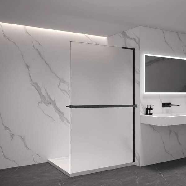 CERANO - Sprchová zástena Walk-in Onyx L-pravá vzpera + polička/držiak na uteráky - 8 mm - čierna matná, mliečne sklo - 30x200 cm
