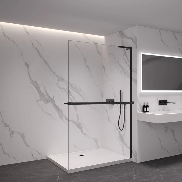 CERANO - Sprchová zástena Walk-in Onyx L-pravá vzpera + polička/držiak na uteráky - 8 mm - čierna matná, transparentné sklo - 40x200 cm