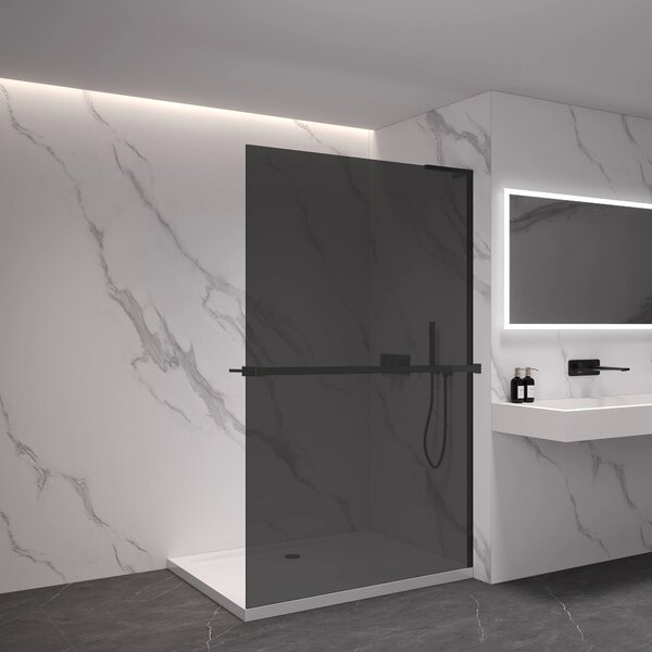 CERANO - Sprchová zástena Walk-in Onyx L-pravá vzpera + polička/držiak na uteráky - 8 mm - čierna matná, grafitové sklo - 40x200 cm