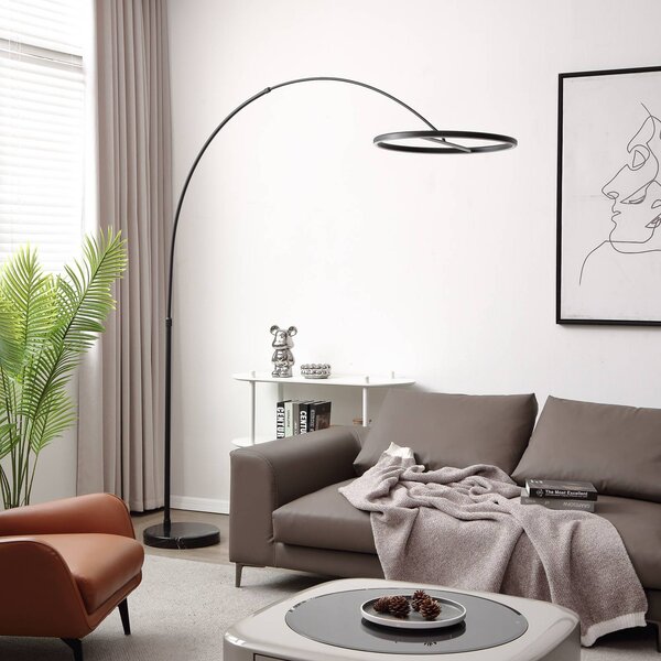 Lucande LED oblúková stojacia lampa Virvera, okrúhla, čierna, kov, Čierna, Obývacia izba / jedáleň, Hliník, Moderný, Oblúková stojaca lampa