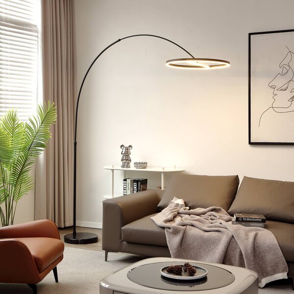 Lucande LED oblúková stojacia lampa Virvera, okrúhla, čierna, kov, Čierna, Obývacia izba / jedáleň, Hliník, Moderný, Oblúková stojaca lampa