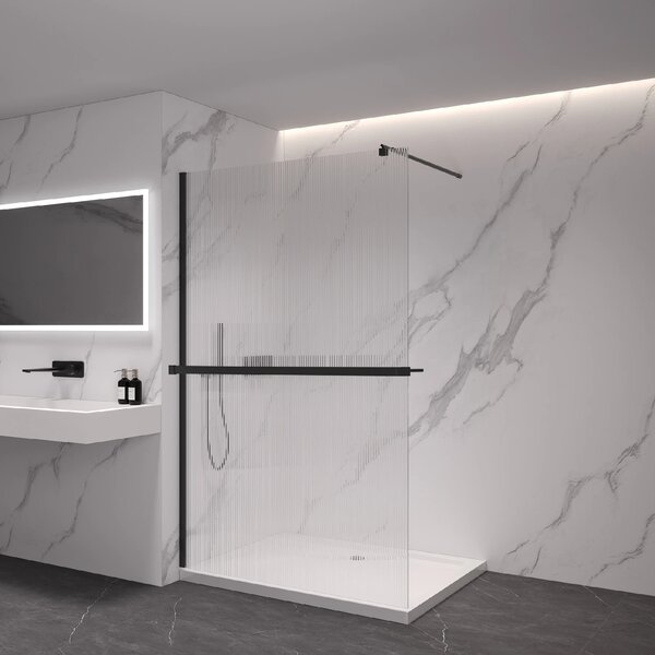 CERANO - Sprchová zástena Walk-in Onyx Round Ľ/P - 8 mm + polička/držiak na uteráky - guľatá vzpera - čierna matná, ryhované sklo - 50x200 cm