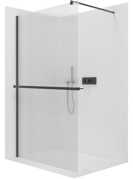 CERANO - Sprchová zástena Walk-in Onyx Round Ľ/P - 8 mm + polička/držiak na uteráky - guľatá vzpera - čierna matná, ryhované sklo - 50x200 cm