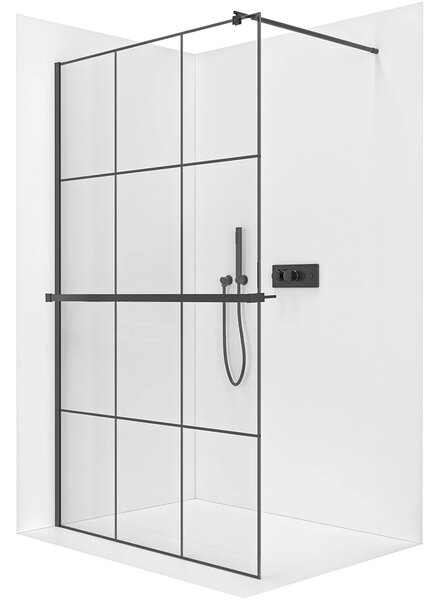 CERANO - Sprchová zástena Walk-in Onyx Round Ľ/P - 8 mm + polička/držiak na uteráky - guľatá vzpera - čierna matná, industriálne sklo - 90x200 cm