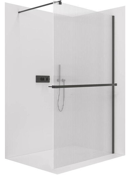 CERANO - Sprchová zástena Walk-in Onyx Round Ľ/P - 8 mm + polička/držiak na uteráky - guľatá vzpera - čierna matná, ryhované sklo - 50x200 cm