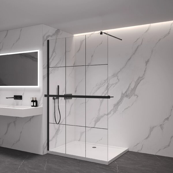 CERANO - Sprchová zástena Walk-in Onyx Round Ľ/P - 8 mm + polička/držiak na uteráky - guľatá vzpera - čierna matná, industriálne sklo - 90x200 cm