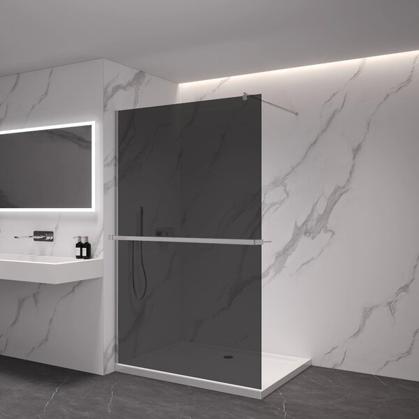 CERANO - Sprchová zástena Walk-in Onyx Round Ľ/P - 8 mm - okrúhla vzpera + polička/držiak na uteráky - chróm, grafitové sklo - 30x200 cm