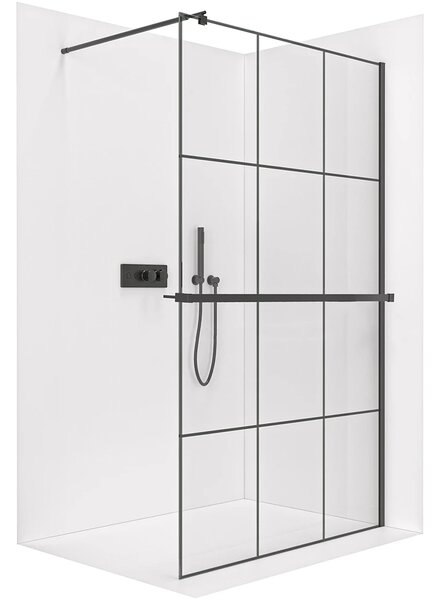 CERANO - Sprchová zástena Walk-in Onyx Round Ľ/P - 8 mm + polička/držiak na uteráky - guľatá vzpera - čierna matná, industriálne sklo - 90x200 cm