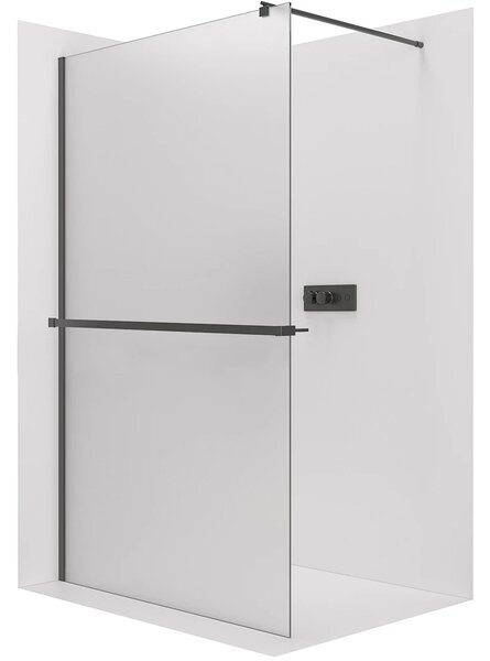 CERANO - Sprchová zástena Walk-in Onyx Round Ľ/P - 8 mm - okrúhla vzpera + polička/držiak na uteráky - čierna matná, mliečne sklo - 30x200 cm