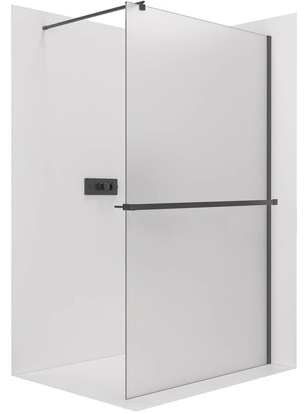 CERANO - Sprchová zástena Walk-in Onyx Round Ľ/P - 8 mm - okrúhla vzpera + polička/držiak na uteráky - čierna matná, mliečne sklo - 30x200 cm