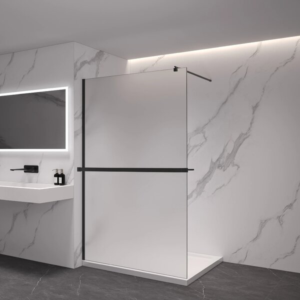 CERANO - Sprchová zástena Walk-in Onyx Round Ľ/P - 8 mm - okrúhla vzpera + polička/držiak na uteráky - čierna matná, mliečne sklo - 30x200 cm