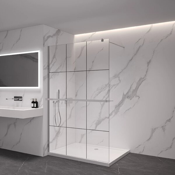 CERANO - Sprchová zástena Walk-in Onyx Round Ľ/P - 8 mm + polička/držiak na uteráky - guľatá vzpera - chróm, industriálne sklo - 100x200 cm