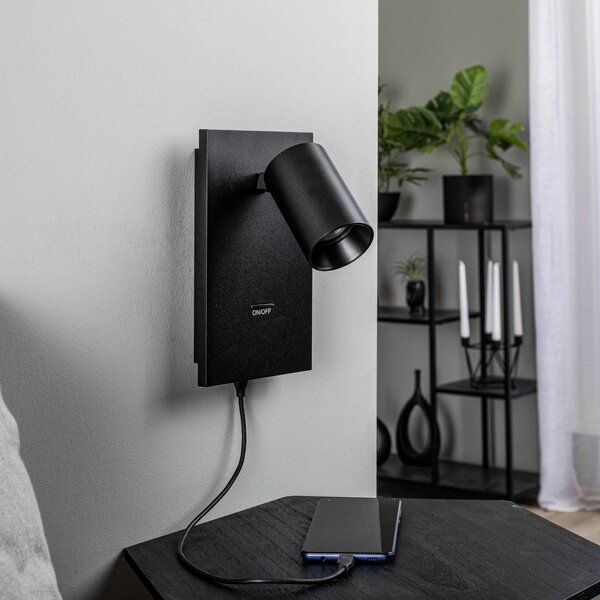 Arcchio bodové svetlá Brinja, čierny, kov, USB-C, vypínač, Čierna, Chodba, Hliník, Moderný, Nástenné bodové svietidlo